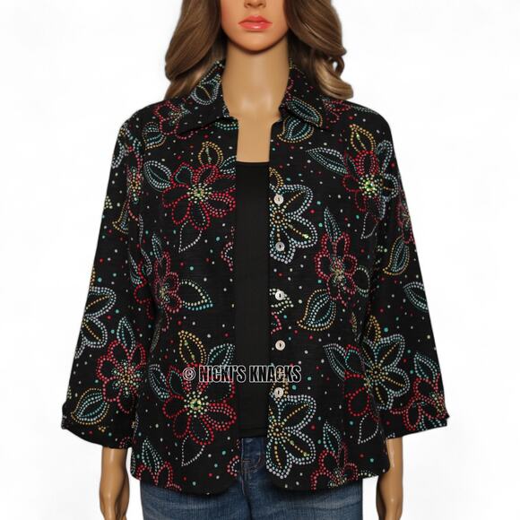 Silk Land Vintage Sequin Floral Blazer Jacket Black Multicolor Silk Size M Retro - Picture 3 of 10